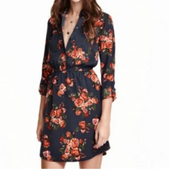 H&M Divided Navy Blue Orange Floral Shirtdress 2 - Picture 1 of 6